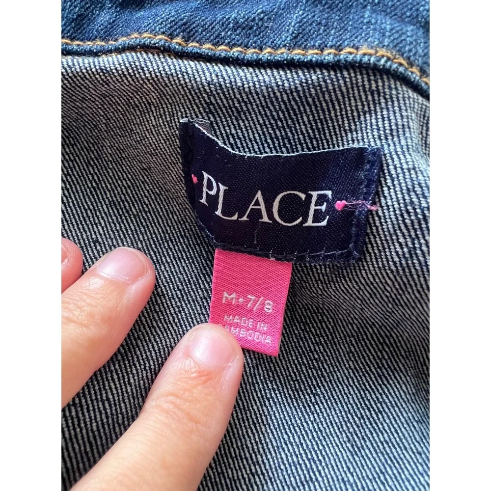 The Childrens Place Kids Denim Jacket Dark Wash Blue Trucker Size M 7/8 Stretch